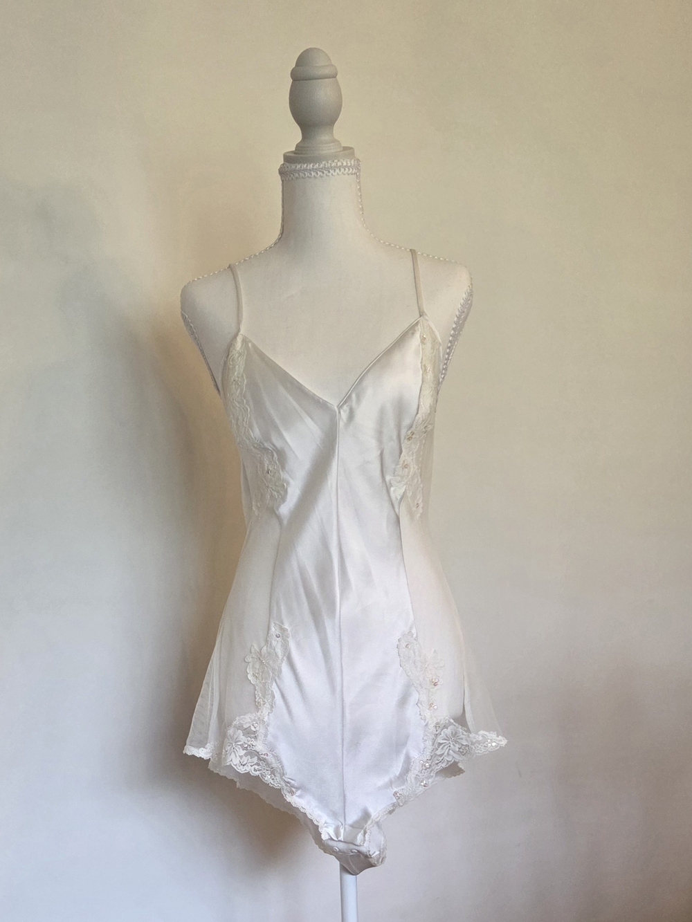 Lace-Trim Satin Teddy - Ivory